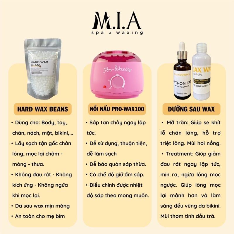 Combo Wax Lông Cơ Bản MIA WAXING kèm Nồi Nấu Pro 100 + Sáp Cao Cấp tặng kèm serum ức chế nang lông