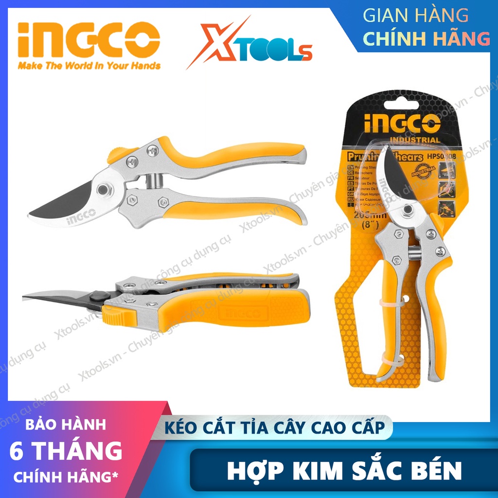 Kéo cắt tỉa cây INGCO HPS0308 8&quot; kéo cắt cành, tỉa cây cảnh, cây ăn trái, tỉa lá chuyên dụng, làm vườn có trợ lực lò xo