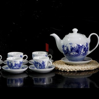 HỢP MỌI PHÒNG KHÁCH Bộ ấm chén hoa trà men lam vẽ trúc lâm thất hiền, bộ ấm chén trà đạo, bộ ấm chén cao cấp, bộ ấm trà