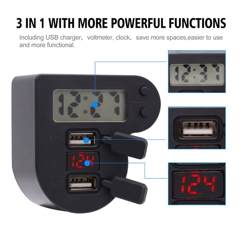 Bộ đồng hồ + màn hình hiển thị vôn kế + 2 khe cắm sạc điện thoại usb chống thấm nước 12v 24v gắn xe máy