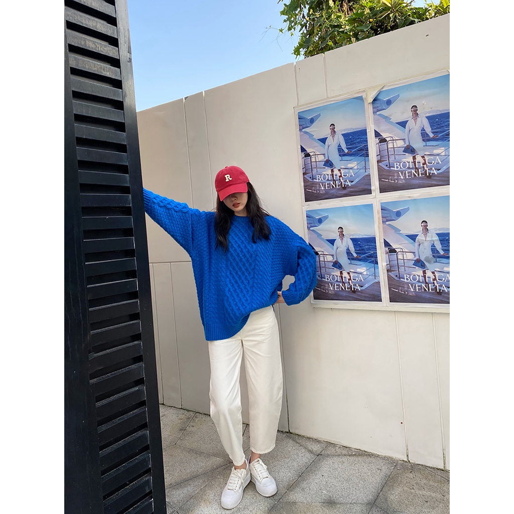 DUNEA Áo Sweater Dệt Kim Dáng Rộng Màu Xanh Dương Phong Cách Hàn Quốc Cho Nữ