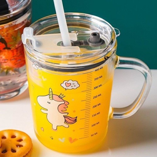 Cốc pha sữa thuỷ tinh chia vạch có nắp và ống hút