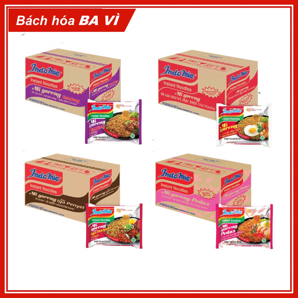 Thùng 40 Gói Mì xào khô / Mì Trộn Indomie Đủ Vị: Đặc Biệt, Cay Nồng, Sườn, Bò Cay - Ngon Số 1 Thế Giới