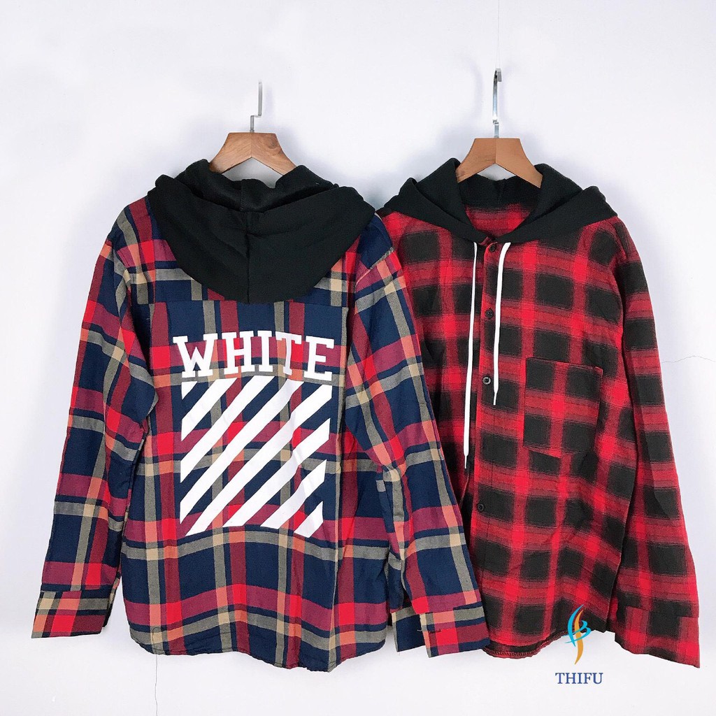 ÁO KHOÁC SƠ MI CARO CÓ NÓN IN CHỮ WHITE SIÊU ĐẸP, SIÊU RẺ