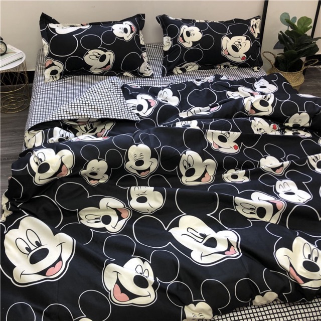 Set Chăn Ga Chuột Mickey Đen Ga Caro Cotton Poly Cực Chất (Shinbedding.shop)