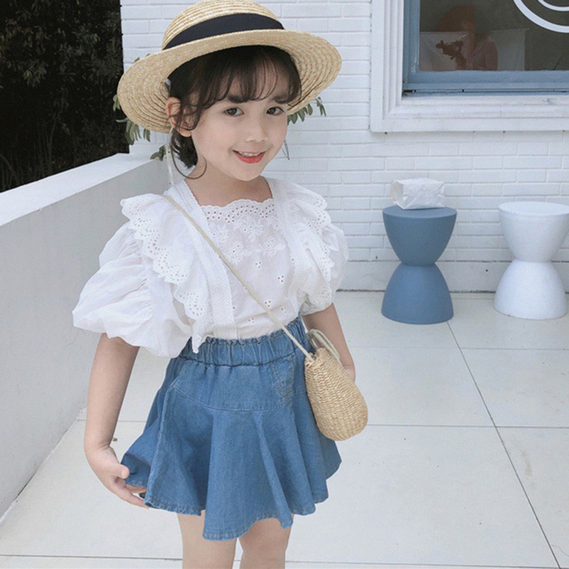 Bộ Áo Thun Cổ Tròn Phối Bèo Và Chân Váy Jean Thời Trang Mùa Hè Cho Bé Gái