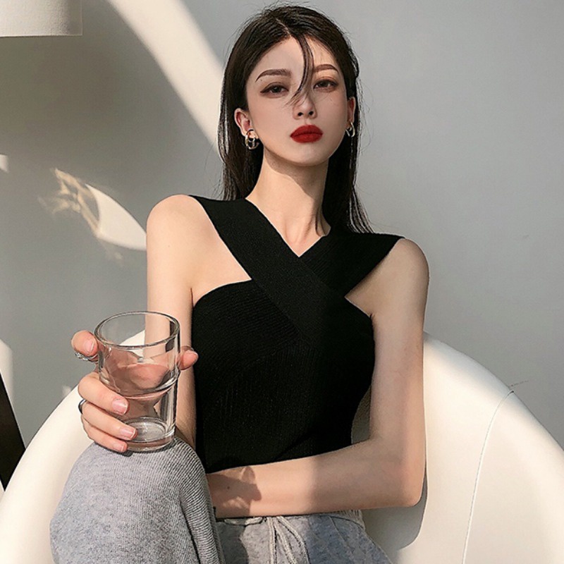 Happy-store  Áo Croptop Tay Ngắn Màu Trơn Thiết Kế Trễ Vai Quyến Rũ