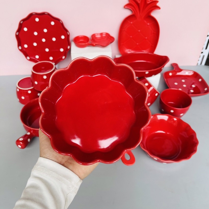 Bộ bát đĩa gốm sứ, chén đĩa decor trang trí đồ ăn bộ bát đĩa màu đỏ siêu đẹp