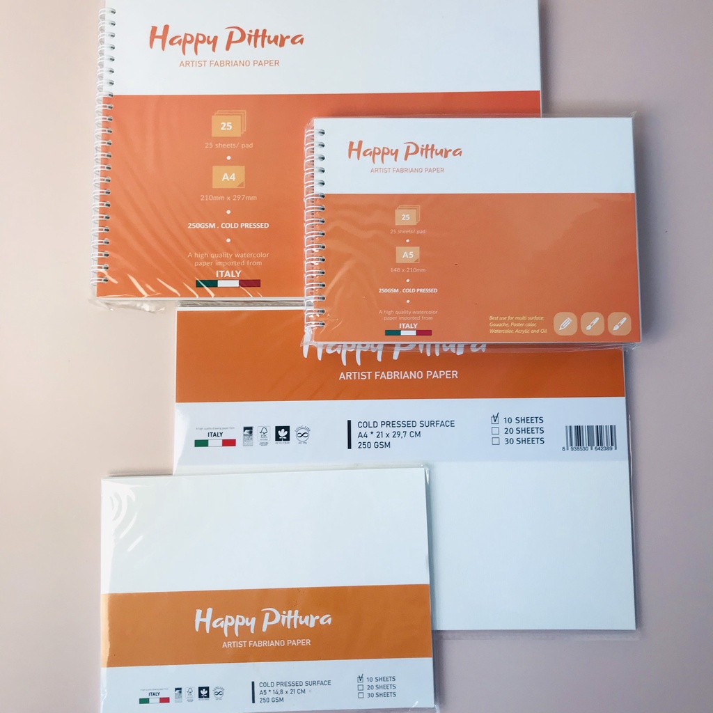 Sổ vẽ màu nước HAPPY PITTURA 250GSM vân sần các loại A4, A5 - Sổ gáy lò xo 25 tờ