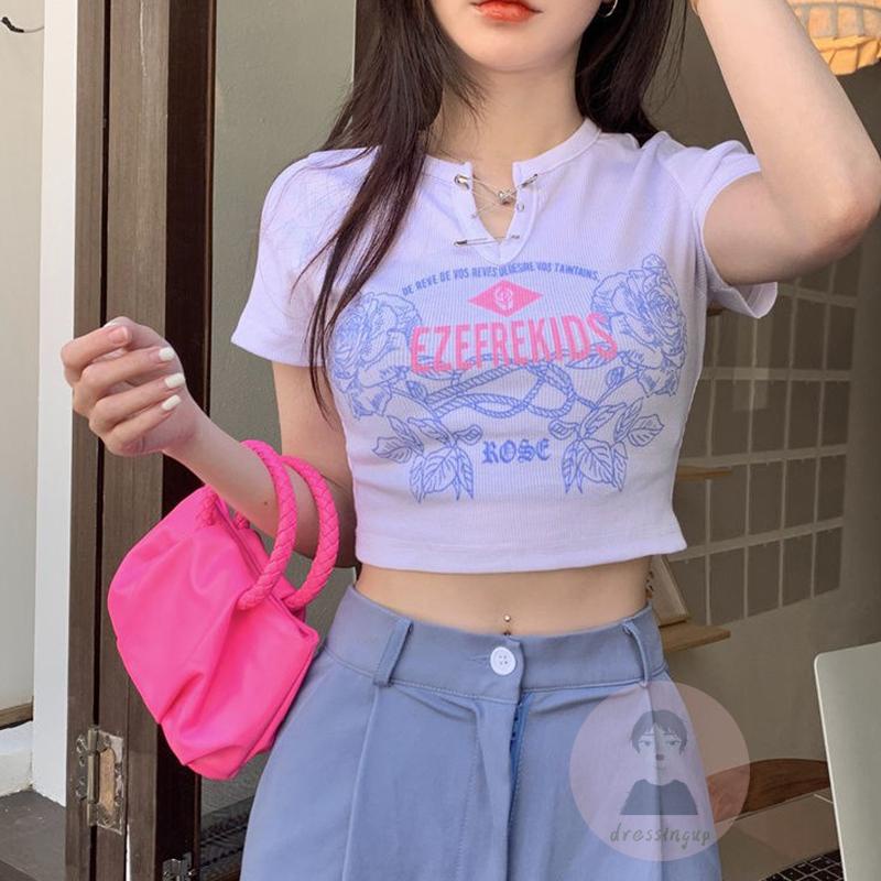 Áo Thun Nữ Ngắn Tay Họa Tiết Hoa Thời Trang Mùa Hè Màu Đen/Trắng