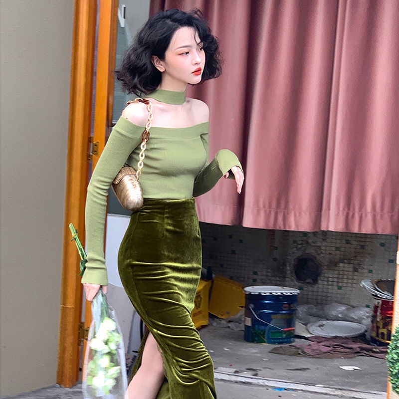 Chân váy nhung COZOK lưng cao phối ren phong cách cổ điển thời trang thu đông cho nữ