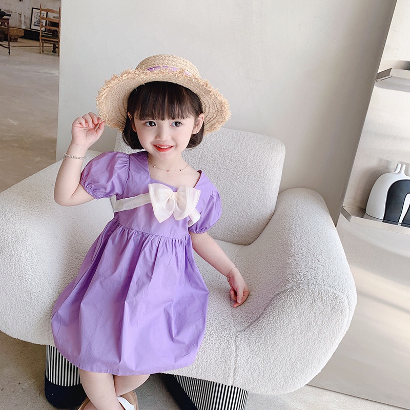 Váy bé gái babydoll cổ vuông tay bồng nơ ngực - đầm công chúa chất thô mềm cực xinh cho bé từ 8 đến 20 kg