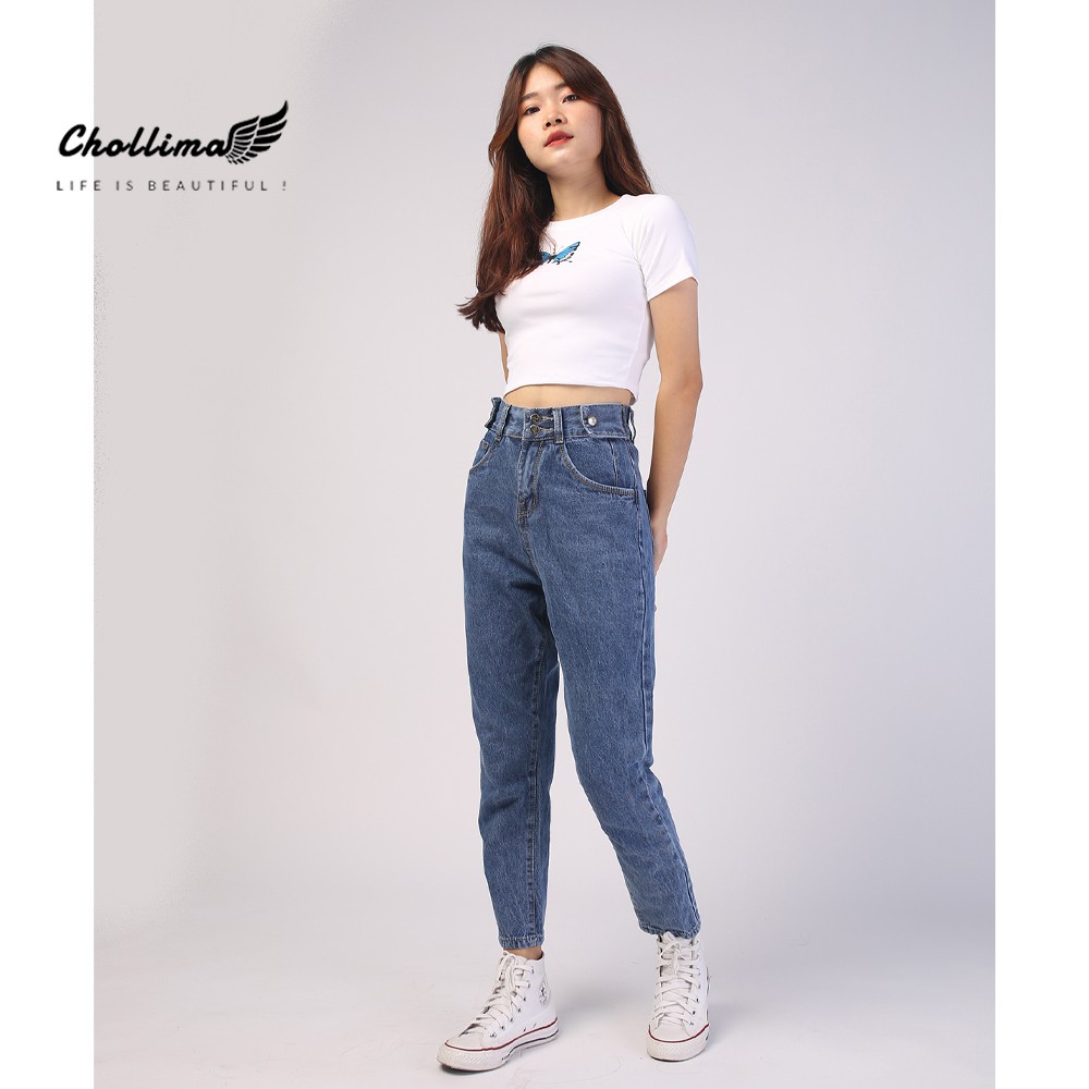 Quần baggy jeans nữ Chollima form rộng 2 bách vuông,lưng thun QD016