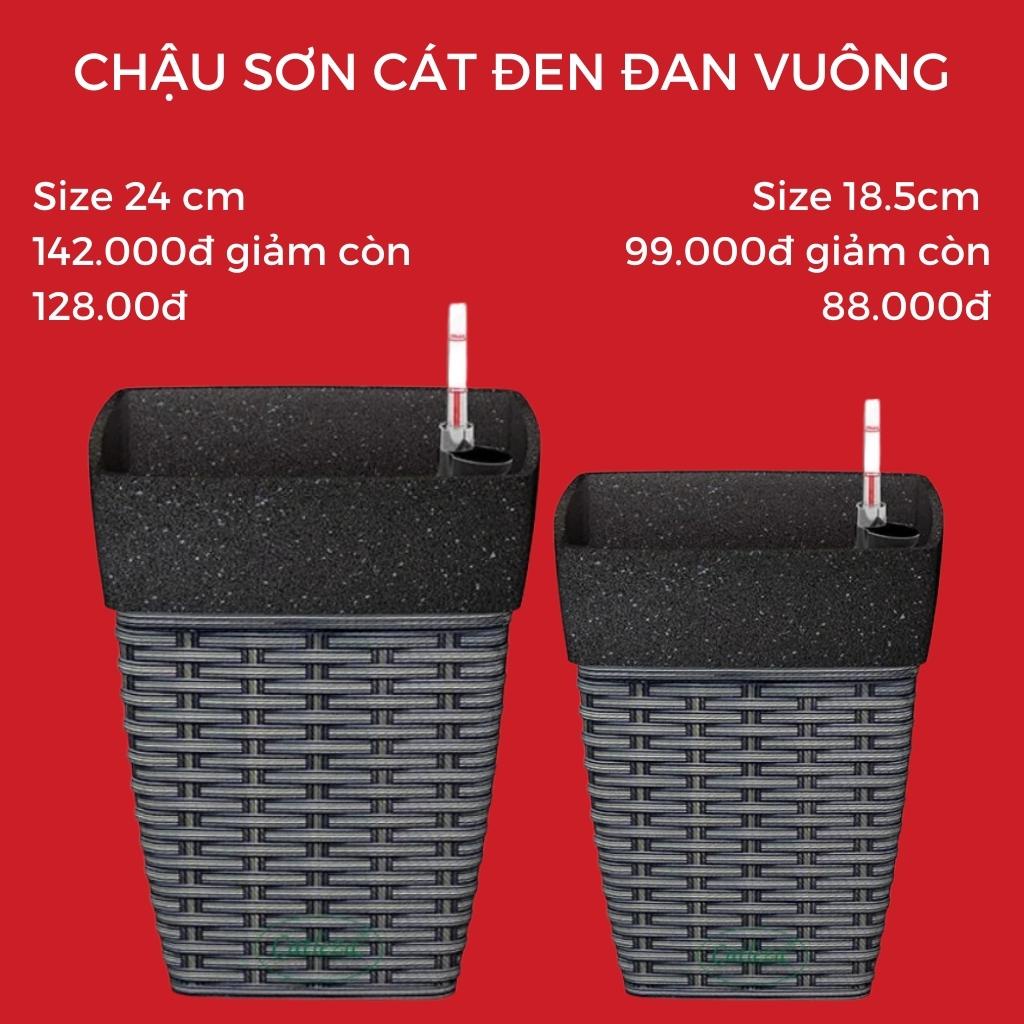 Chậu trồng cây cát đen đan vuông Catleza size 18.5cm, 24cm có ống đo mực nước, có 3 mẫu lựa chọn