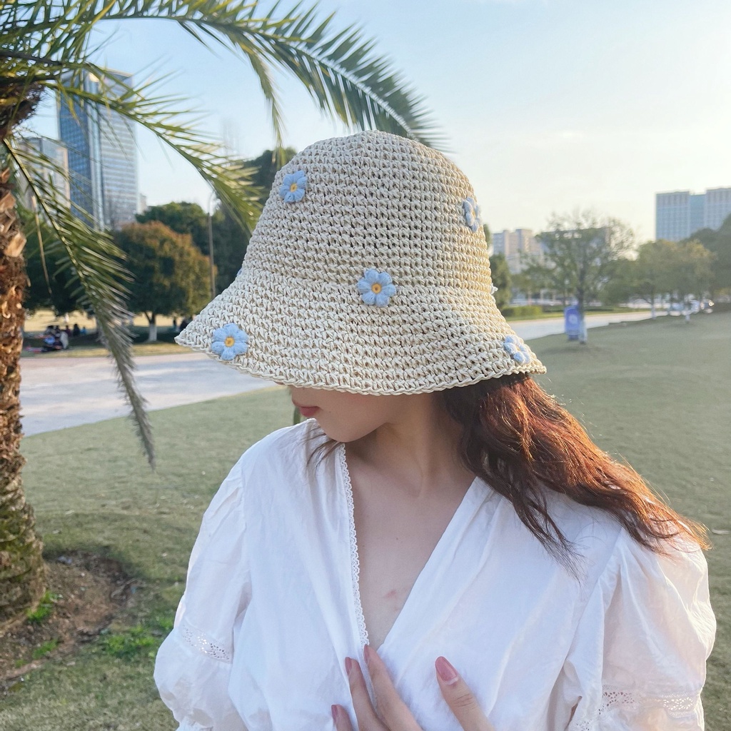 Mũ cói Mg STUDIO đính hoa xanh dương đáng yêu