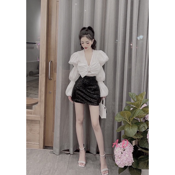 Set áo tơ chân váy kim sa hai màu trắng đen
