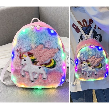 Ba lô lông nhung hình kỳ lân tai thỏ dễ thương cho bé gái