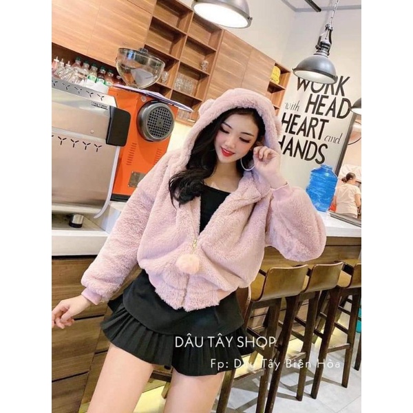 Áo khoác lông gấu hồng nữ khóa kéo, áo khoác lông tai gấu mùa đông siêu ấm  chất lông mượt .màu hồng | BigBuy360 - bigbuy360.vn