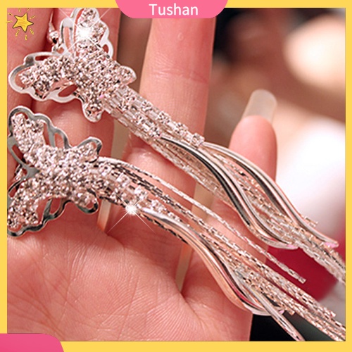 Đôi khuyên tai tua rua dài hình bươm bướm đính đá thời trang cho nữ