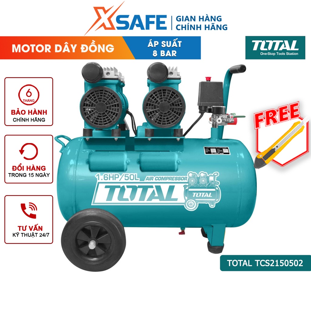 Máy nén khí không dầu TOTAL TCS2150502 Điện thế 230V~50Hz Công suất: 2×600W (2×0.8HP) 50L Áp suất 8 bar