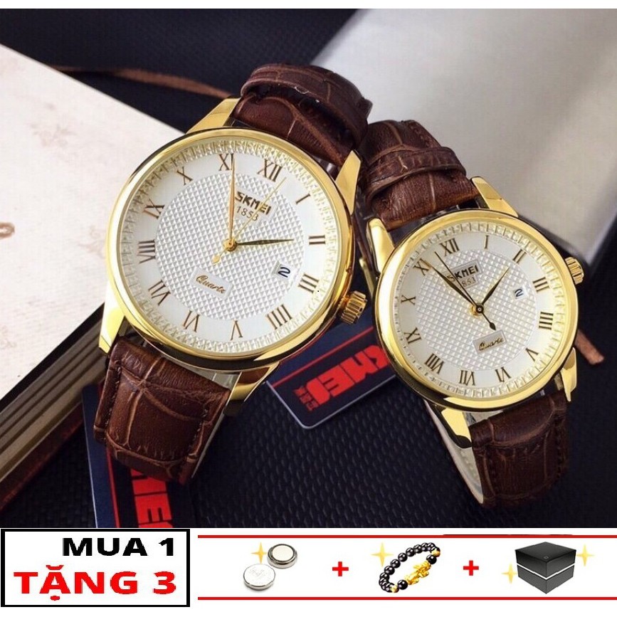 Đồng Hồ Nam Nữ SKMEI Viền Vàng Dây Da sang trọng TẶNG kèm HỘP + PIN + vòng Tỳ Hưu