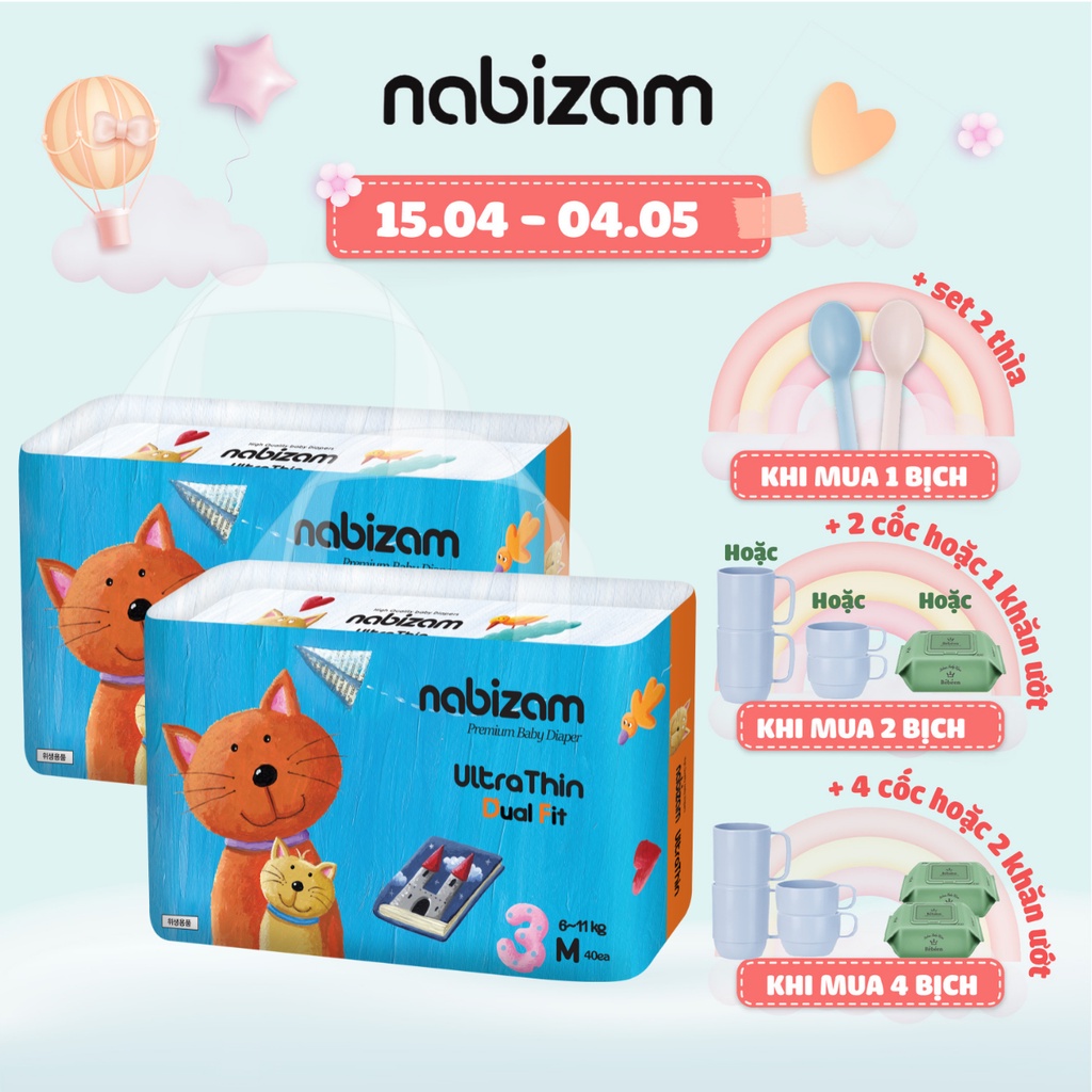 Combo 2 Bịch Tã Dán NABIZAM Ultra Thin Size M Cho Bé 6-11kg, 40 Miếng/Bịch