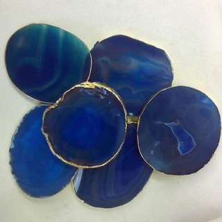 2Pcs Agate Slice Blue Coaster Tray Decorative Design Gold Edges
