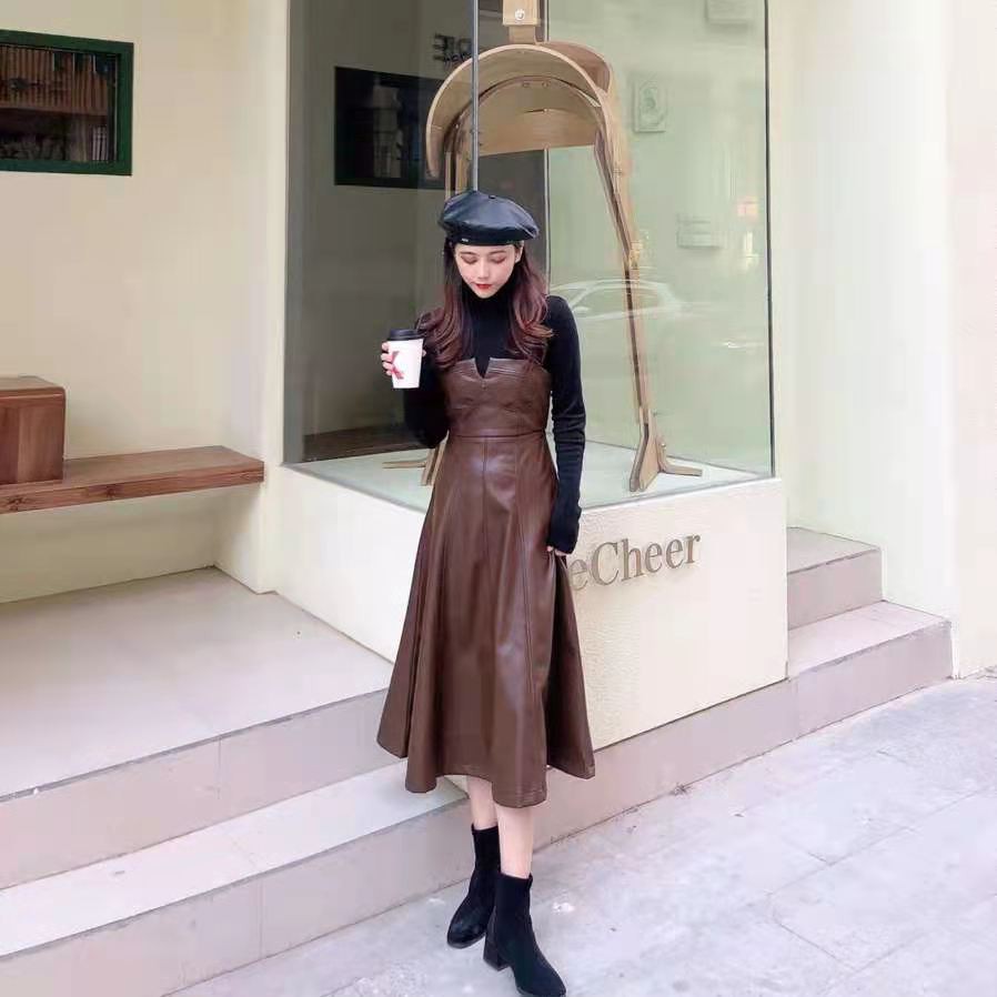 Váy đầm da dáng xòe hai dây retro trẻ trung sành điệu