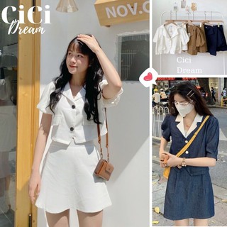 Set đồ nữ áo sơ mi cổ vest cộc tay kèm chân váy ngắn babydoll, set đồ nữ áo vest ngắn tay kèm chân váy ngắn croptop