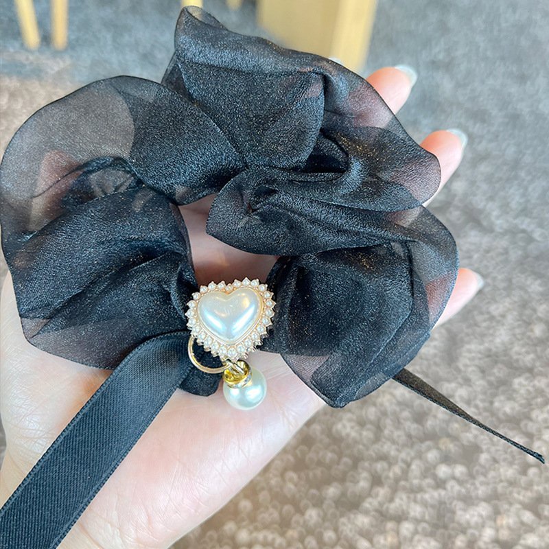 Dây buộc tóc, cột tóc scrunchies đính đá TRÁI TIM RUY BĂNG màu trơn Hàn Quốc