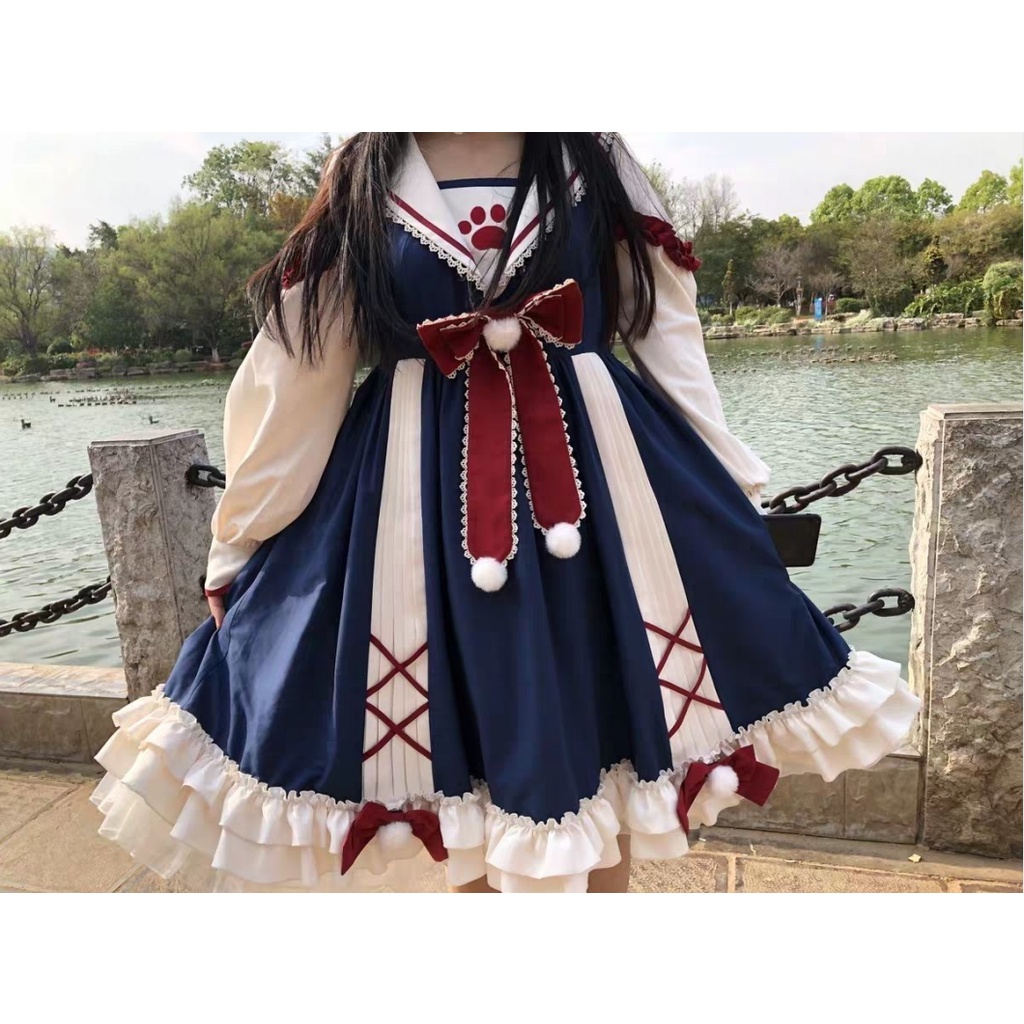 Đầm lolita màu trơn mềm mại in hình dấu chân mèo đáng yêu cho nữ