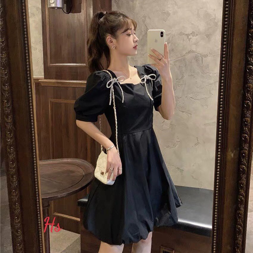 Váy Nơ Vai Tay Bồng Cổ Vuông Chất Đũi Mát Phong Cách Tiểu Thư Nữ Tính Có Ảnh Thật Và Video M.Store