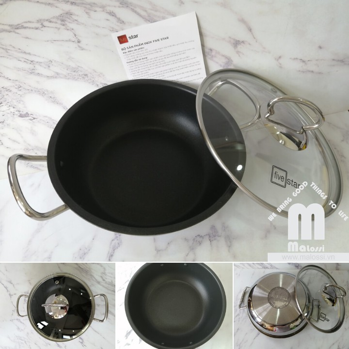 Nồi inox kho cá thịt chống dính bếp từ Fivestar  nắp kính , 3 đáy , inox 430