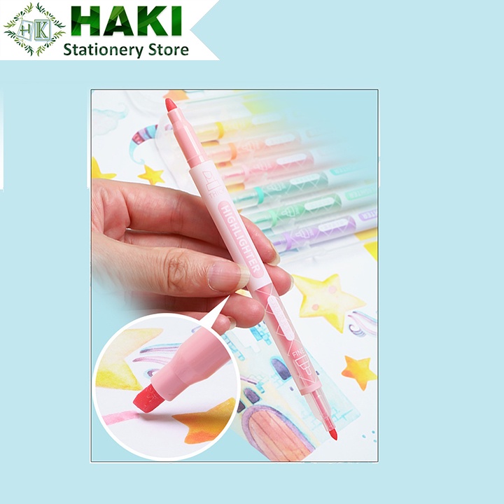 Bút dạ quang HAKI, bút đánh dấu hai đầu nhiều màu macaron nhớ dòng nhấn dòng highlighter dụng cụ văn phòng phẩm B17