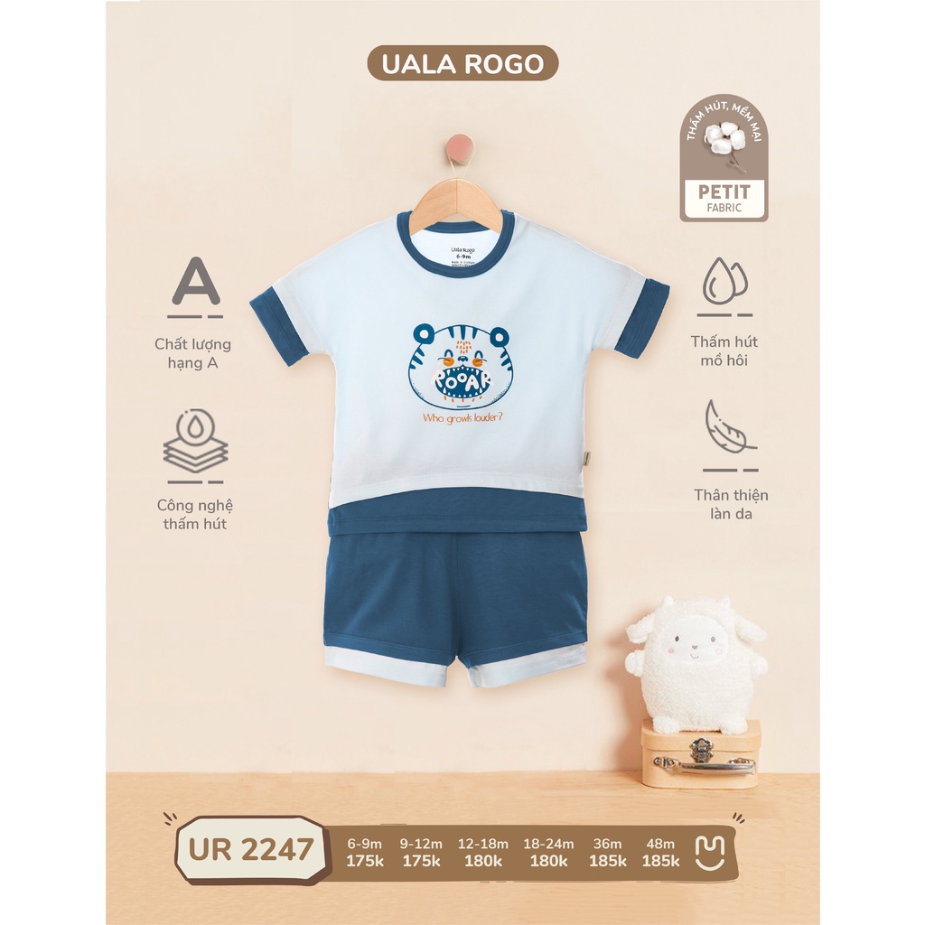 Bộ Uala Rogo chất vải Petit cao cấp mềm mịn thoáng mát cộc tay bổ nẹp phối trơn cho bé trai bé gái 2247