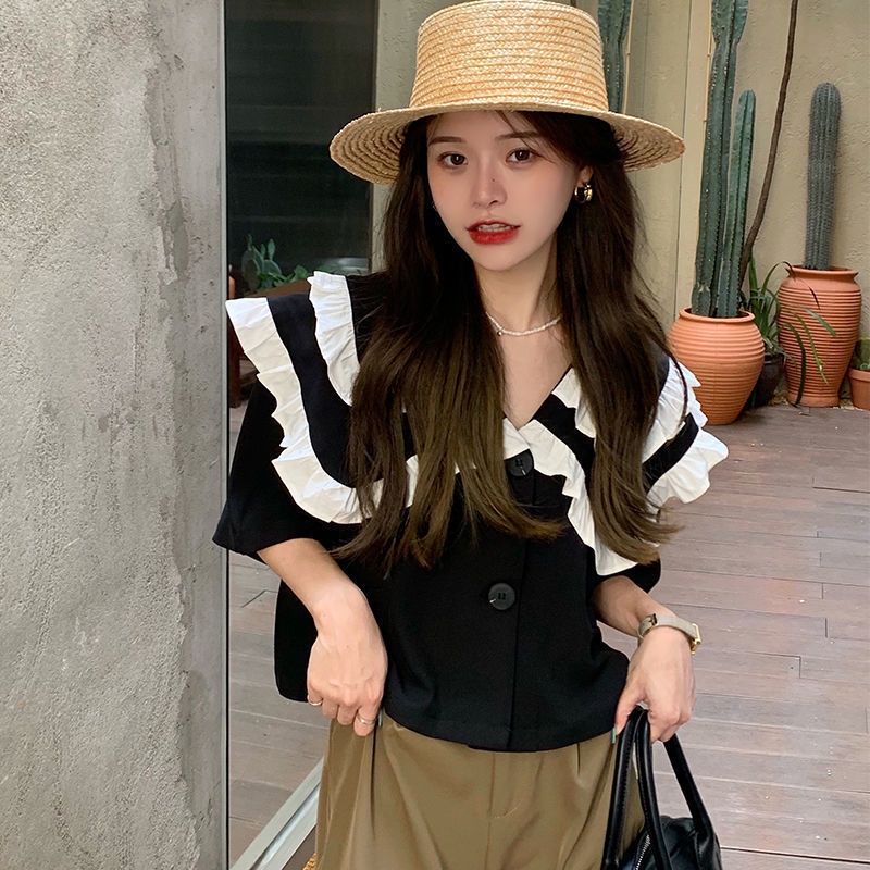 Áo Sơ Mi Chiffon Ngắn Tay Hai Lớp Cổ Búp Bê Thiết Kế Mới Thời Trang Mùa Hè Dành Cho Nữ