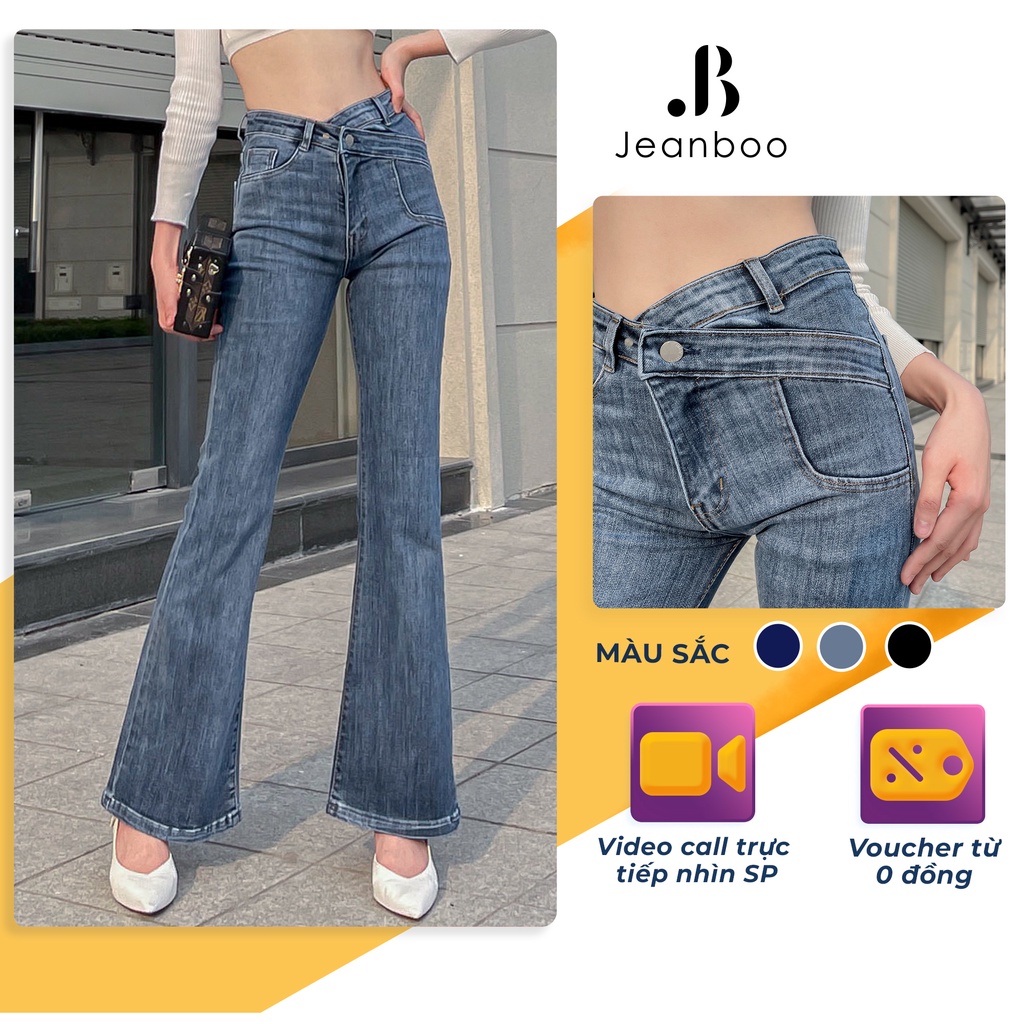 Quần Jean đen nữ cạp chéo ulzzang Spandex Cotton, quần bò ống loe nữ co giãn 4 chiều VNXK 1XLC01 - JEANBOO