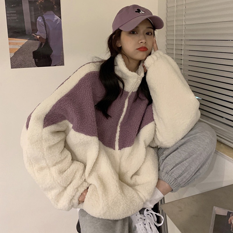 Áo khoác giả lông cừu dáng rộng phối khóa kéo màu tương phản phong cách Hàn Quốc cho nữ