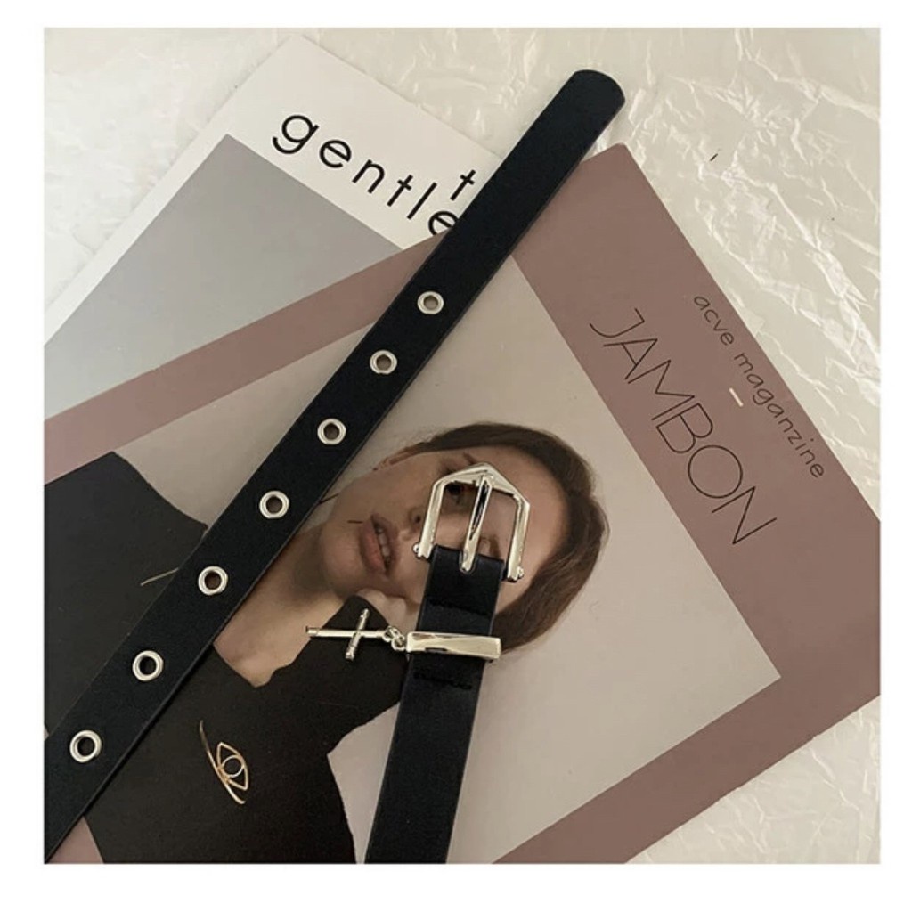 Dây nịt lưng unisex BROO bấm lỗ đính chữ thập màu bạc, thắt lưng ulzzang bản dây 2.3cm phù hợp nam nữ