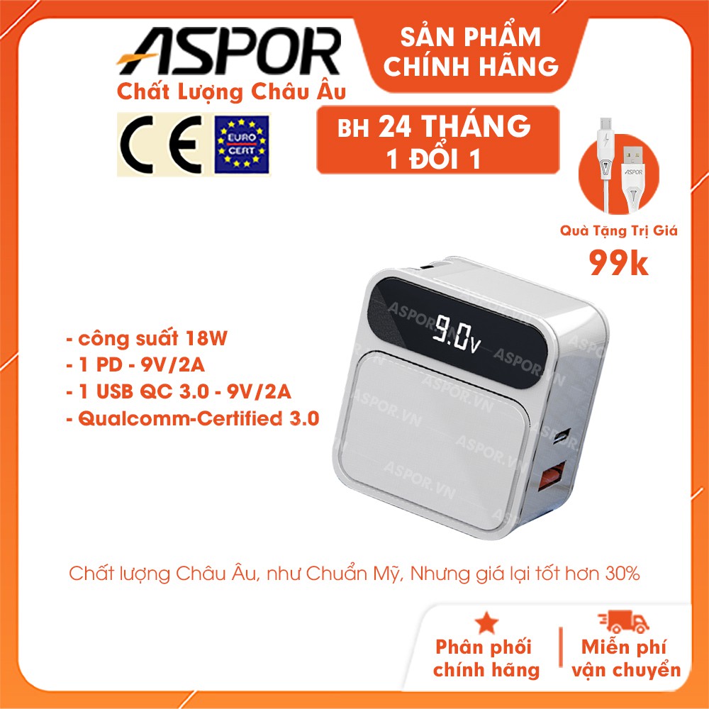 Cốc sạc ASPOR 1 cổng PD+1 cổng USB sạc nhanh - A835