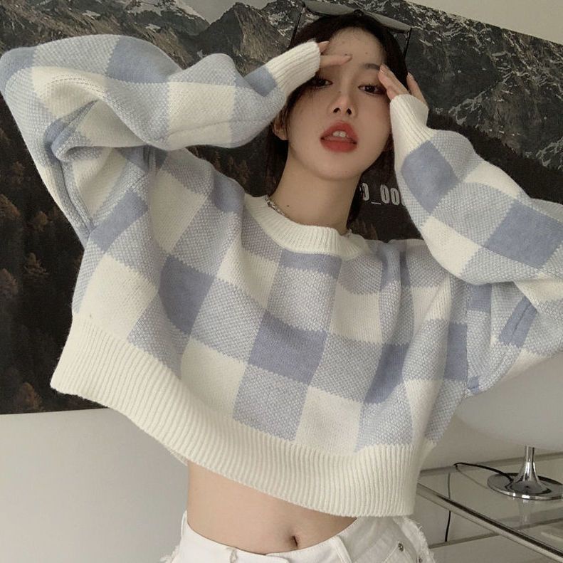 COZOK Áo Sweater Tay Dài Dáng Rộng Sọc Ca Rô Phối Màu Tương Phản Cá Tính Thời