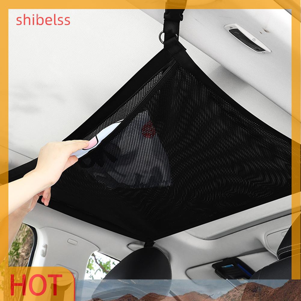 （ʚshibelss）Car Ceiling Storage Net Pocket Grab Handle Zipper Sundries Organizer Bag