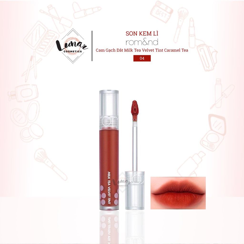 Son Kem Lì Romand Cam Gạch Đất Milk Tea Velvet Tint 04 Caramel Tea - Son Kem Cam Đất Romand Milk Tea