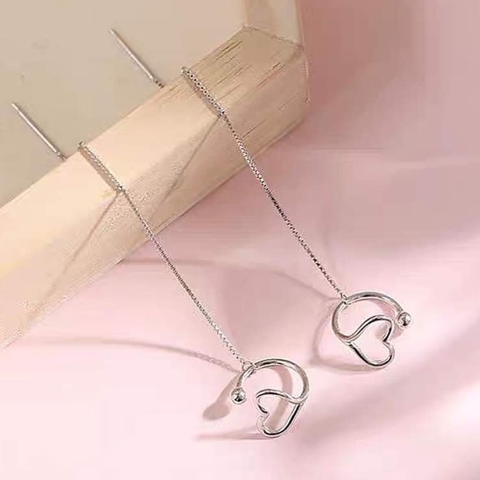 Khuyên tai bạc 925 khuyên kẹp vành trái tim tua sợi