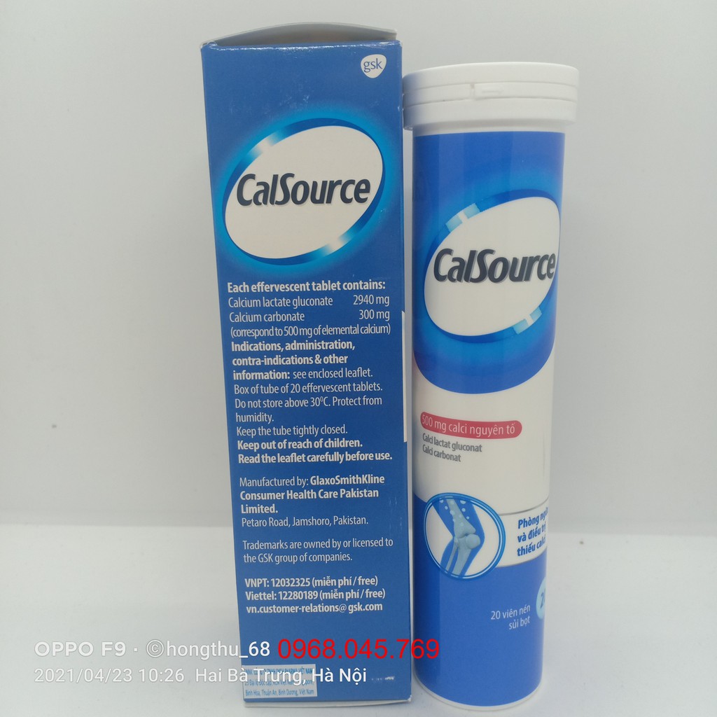 Viên sủi bổ sung canxi CalSource 500mg Tuýp 20 viên