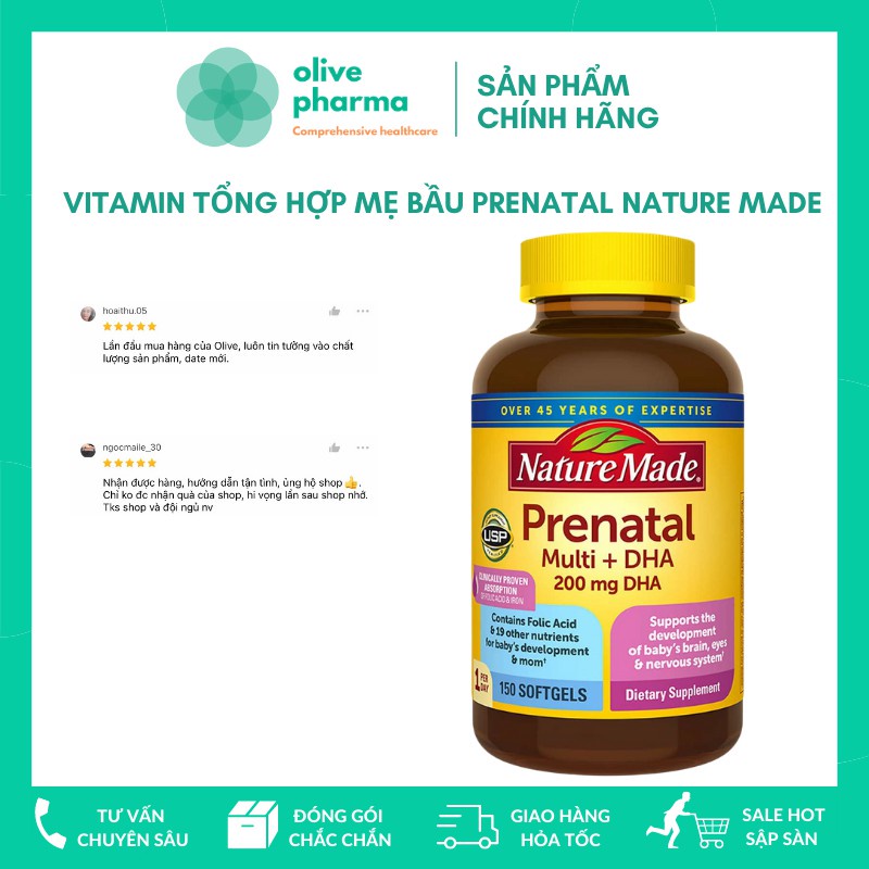 Vitamin Cho Bà Bầu Nature Made Prenatal Multi DHA 200mg Cho Bé Thông Minh Khỏe Mạnh Hộp 150 Viên - Hàng Chuẩn Mỹ