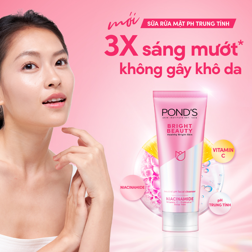 Sữa Rửa Mặt Pond's mới 3X sáng mướt với Niacinamide và Vitamin C, không gây khô da 100g