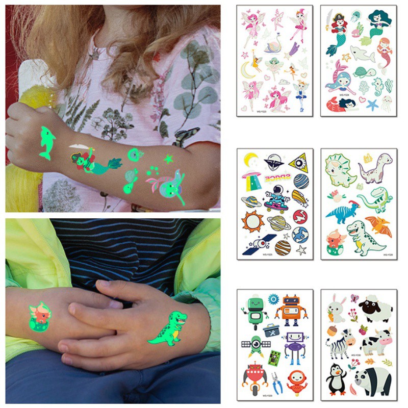 Nhãn dán dạ quang bám tạm thời chống nước họa tiết hoạt hình xinh xắn dành cho bé