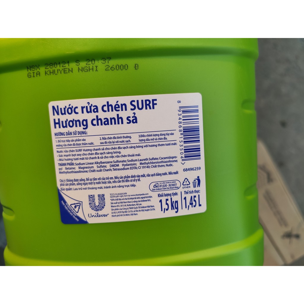 Nước Rửa Chén SURF Hương Chanh Sả Can 1.5kg 1.5 kg 1,5kg