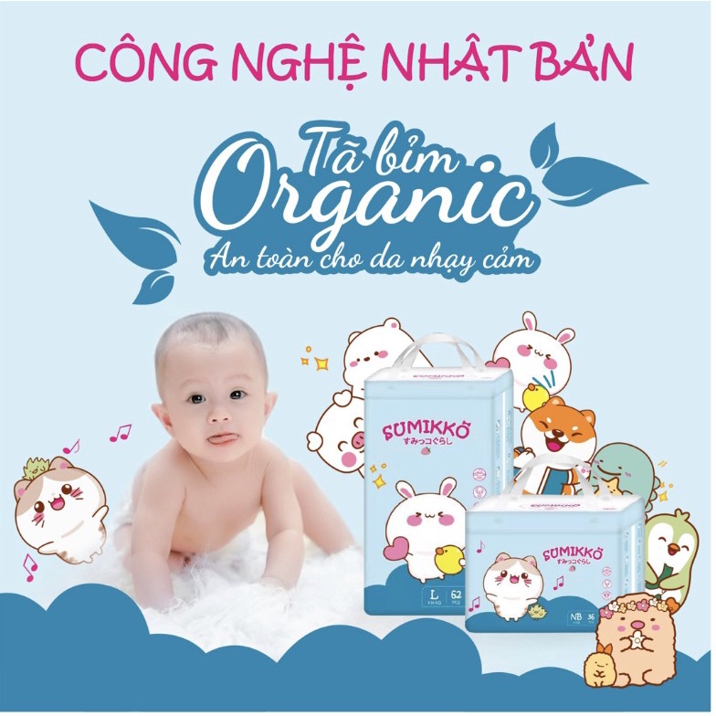 Tã bỉm dán Sumikko thương hiệu Việt nguyên liệu Organic, mỏng mềm, thấm hút tốt size NB36/S72/M66